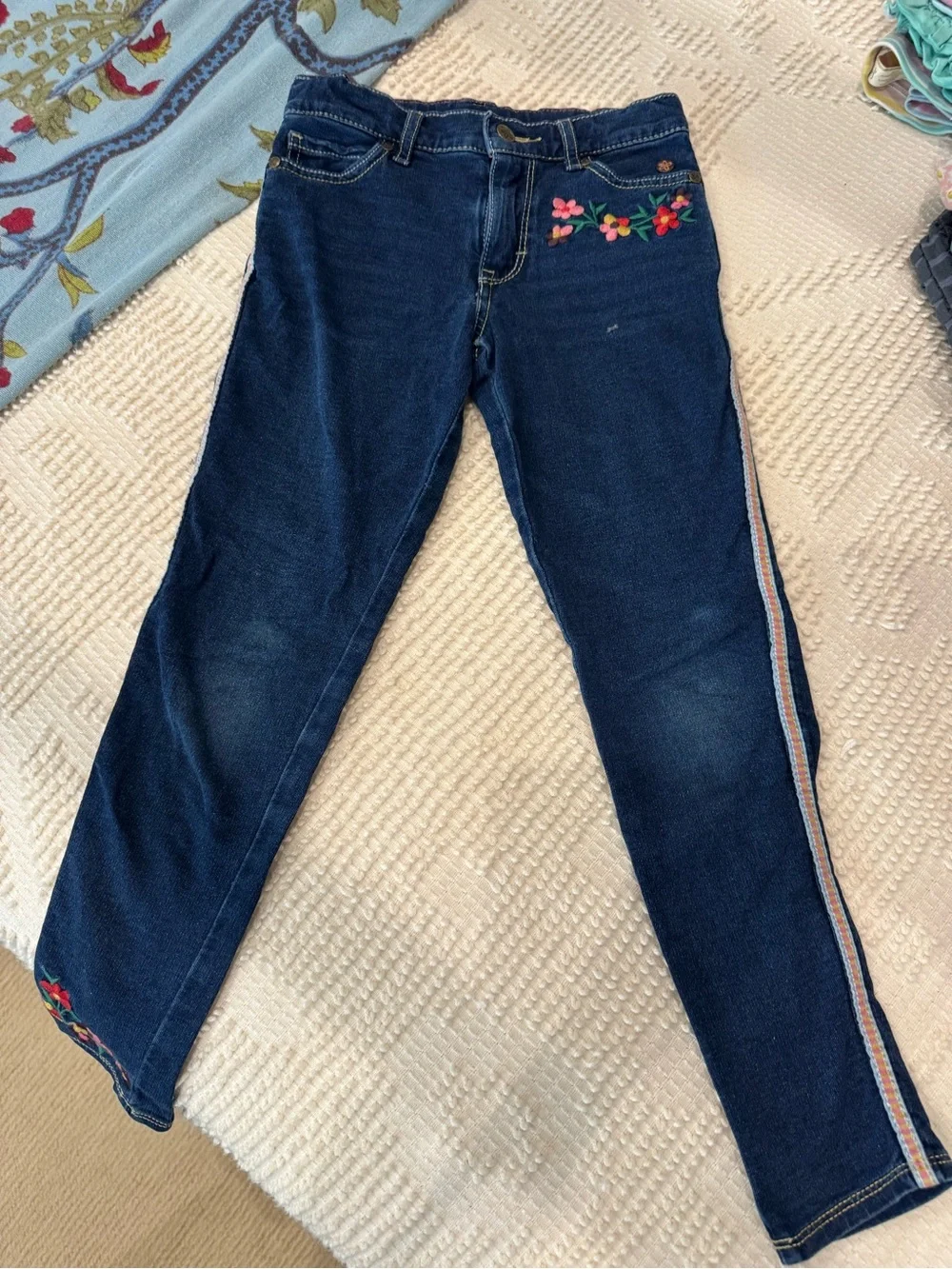 Matilda Jane Dark Blue Jeans with Floral Embroidery and Side Stripe